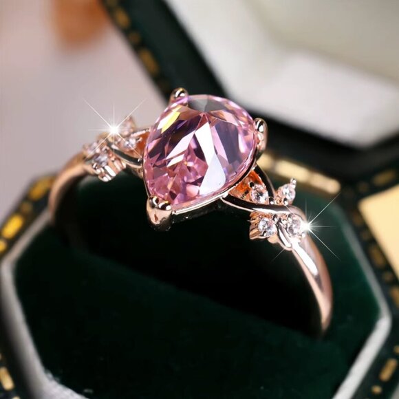 NEW 14k Rose Gold Pink Sapphire Pear Cut Diamond Ring Tear Drop Ring - Picture 2 of 5
